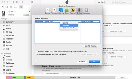 sauvegarde iTunes avant l'installation de la version bêta iOS 9
