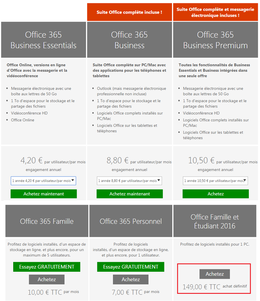 Office 365 tarifs Office 2016