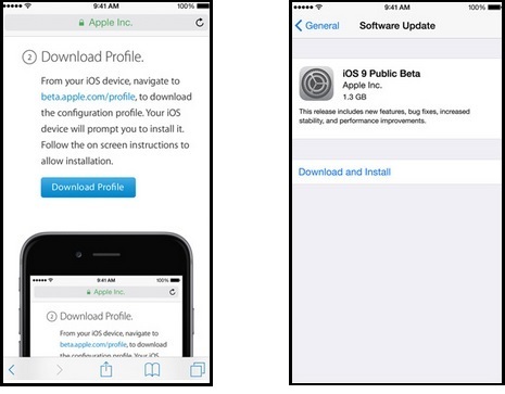 téléchargement profil et installation bêta iOS 9