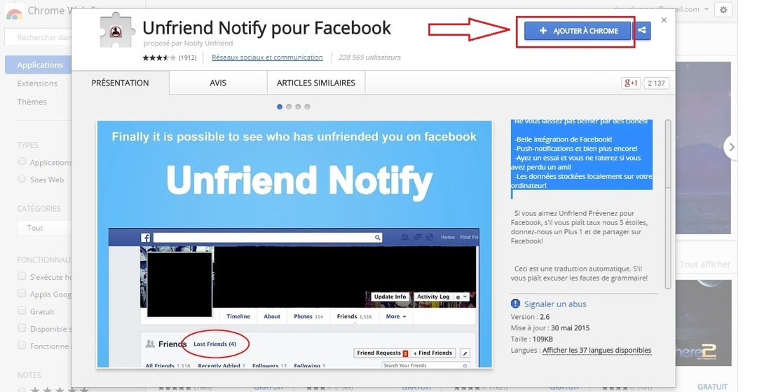 procédure de l'installation de l'extension Unfriend notify pour facebook