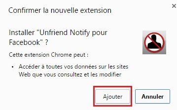 confirmation de l'installation de Unfriend Notify pour Facebook