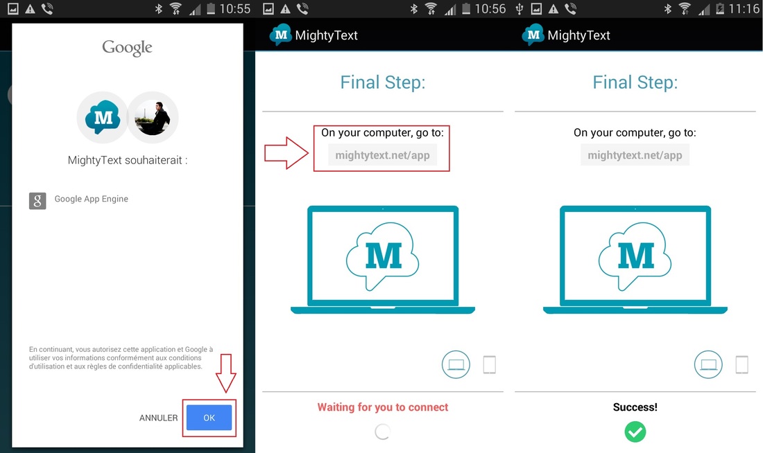 installation terminé Mightytext sur mobile
