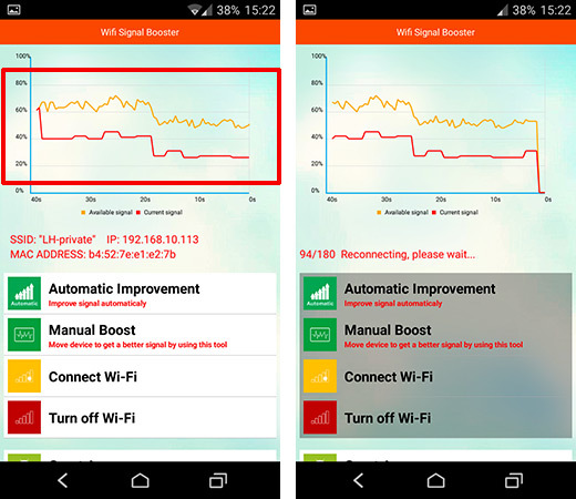 WiFi Signal Booster - application display and signal strength chart