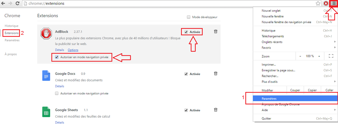 adblock activation mode privée