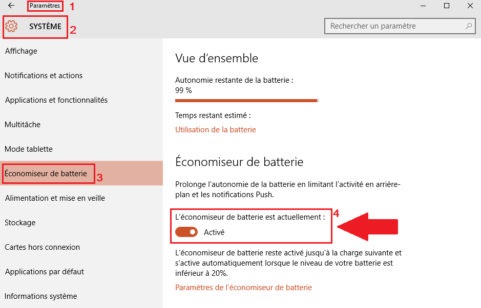 économiseur de batterie windows 10