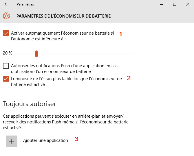 économiseur de batterie windows 10