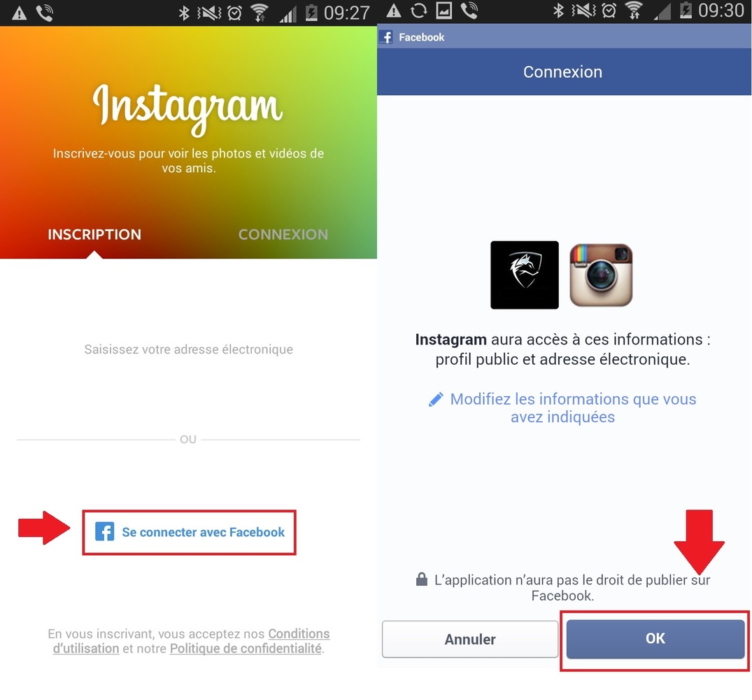 inscription sur instagram via facebook