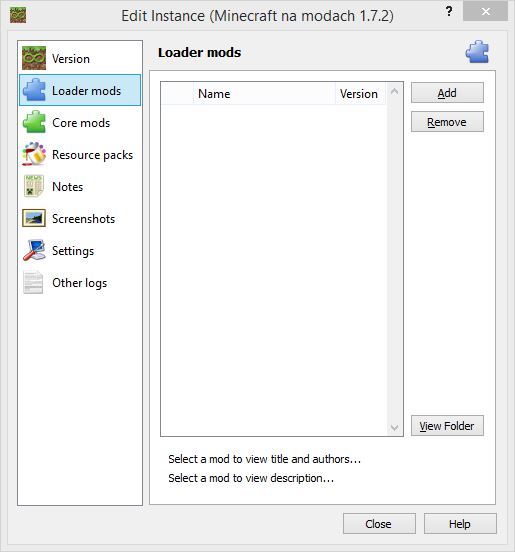 Zakładka Loader Mods w MultiMC