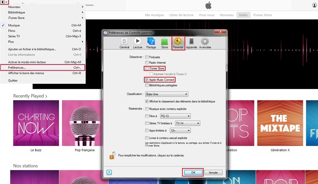 activation ou désactivation de iTunes store et Apple Music Connect